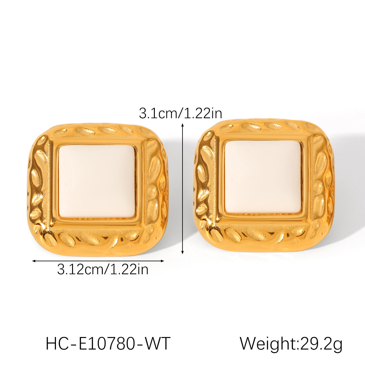 Retro French-Style Square Stainless Steel Hammered Texture Stud Earrings for Women with Agate Inlay, Hypoallergenic Plated Finish