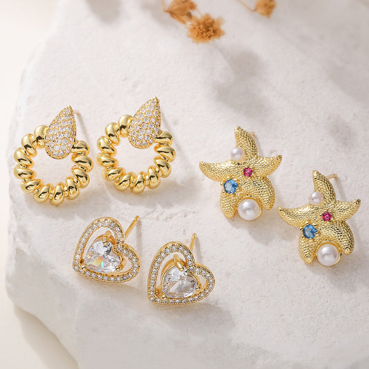 Vintage Elegant 18K Gold Plated Brass Heart Starfish Geometric Cubic Zirconia Stud Earrings for Women