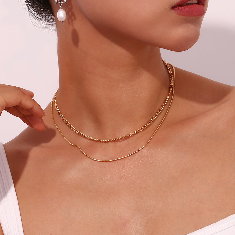 Minimalist Geometric Stainless Steel Plated 18K Gold Double-Layer Figaro Chain Necklace for Women