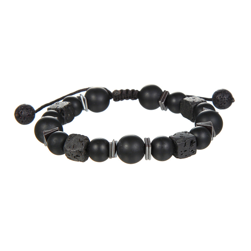 Matte Black Geometric Round Volcanic Stone and Glass Beaded Bracelet for Men and Women
