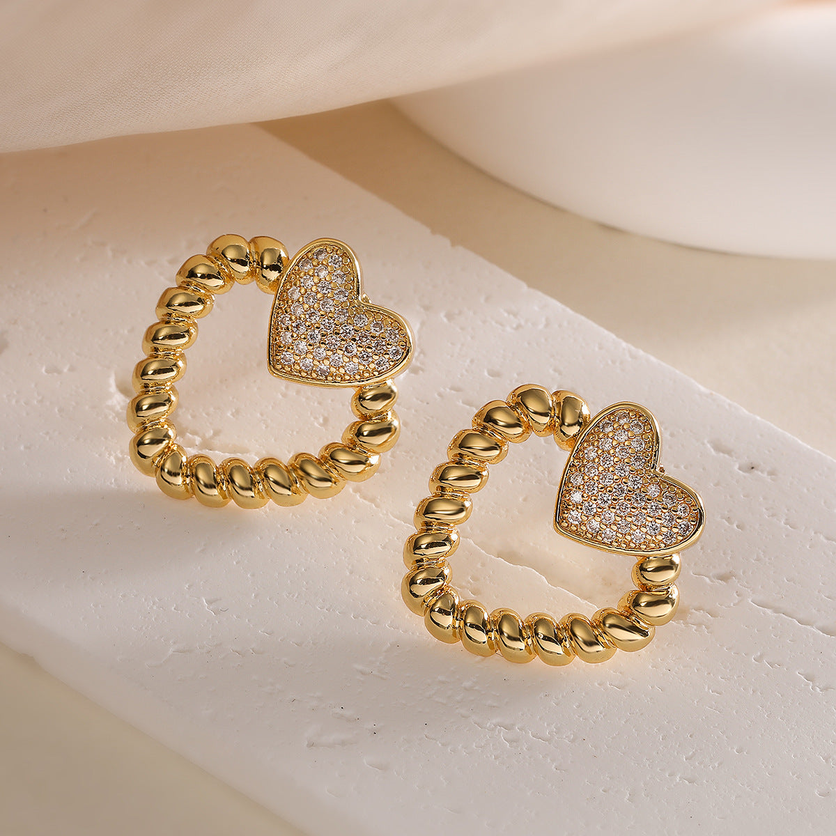Minimalist Hollow Heart Shape Copper Stud Earrings for Women with Micro-Pave Zirconia Accents