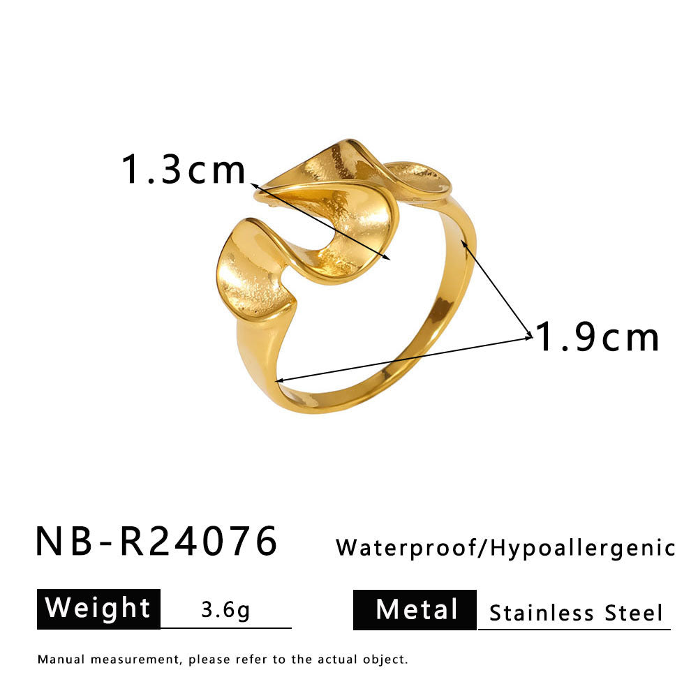 Geometric Wave Leaf Shaped Stainless Steel Plated Gold Ring with Textured Ruffled Asymmetrical Design for Women and Men