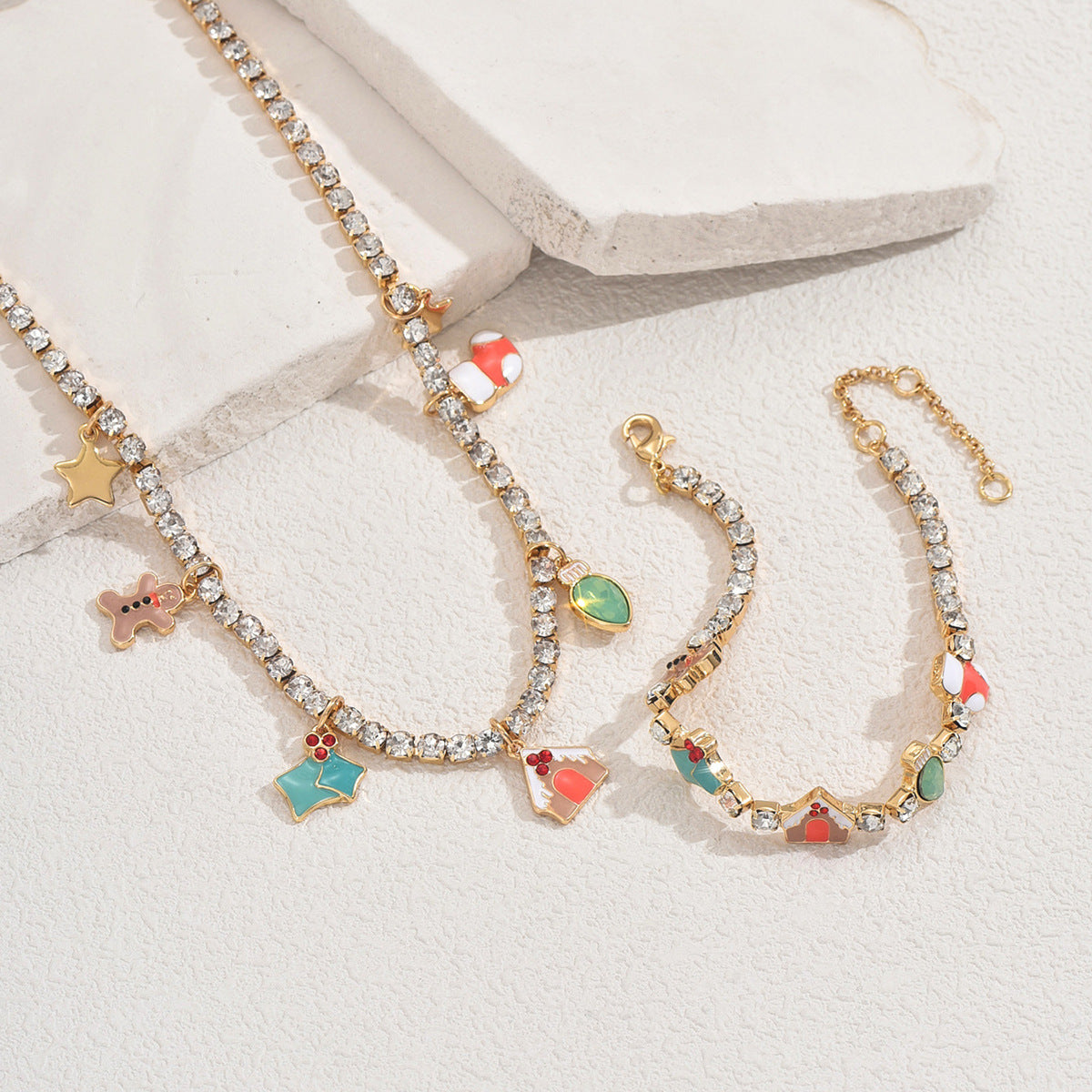 Geometric Christmas Pattern Enamel Pendant Necklace and Bracelet Set for Women with Rhinestone Inlay on Copper Chain