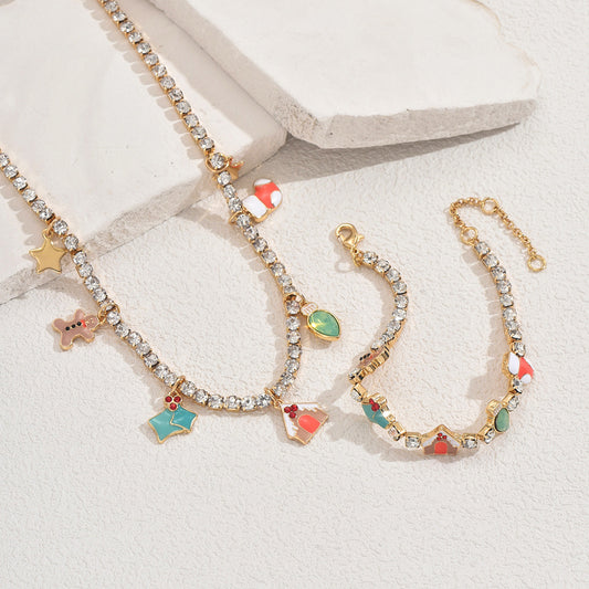 Geometric Christmas Pattern Enamel Pendant Necklace and Bracelet Set for Women with Rhinestone Inlay on Copper Chain