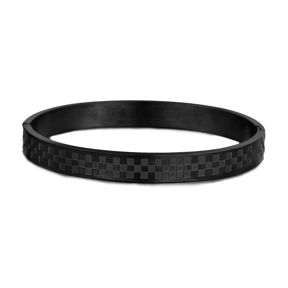 Vintage Geometric Checkered Matte Titanium Steel Open Cuff Bracelet for Men and Women