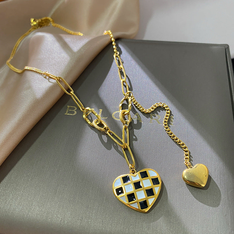 Checkered Heart Gold Plated Titanium Steel Necklace with Tassel for Unisex