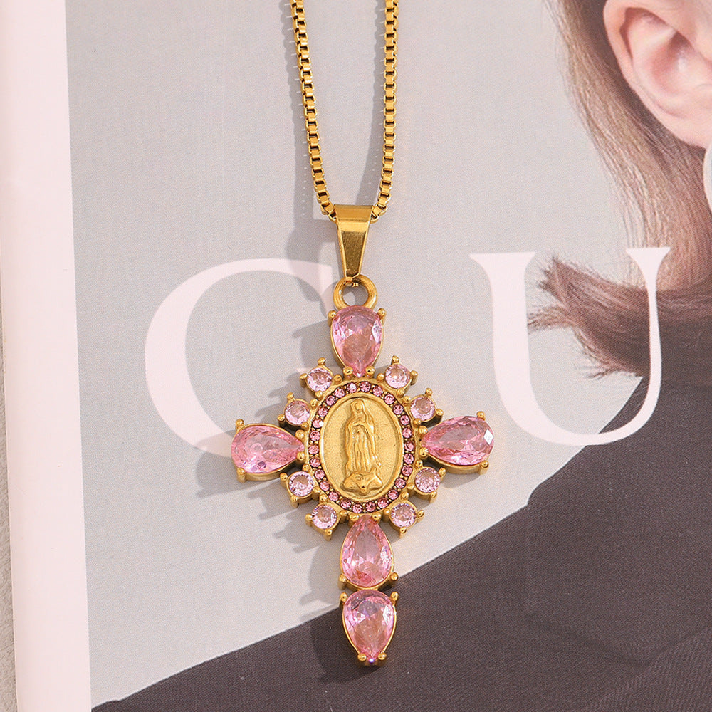 Fashionable Cross Pendant Necklace for Women in Stainless Steel with 18K Gold Plating and Rhinestone Inlay