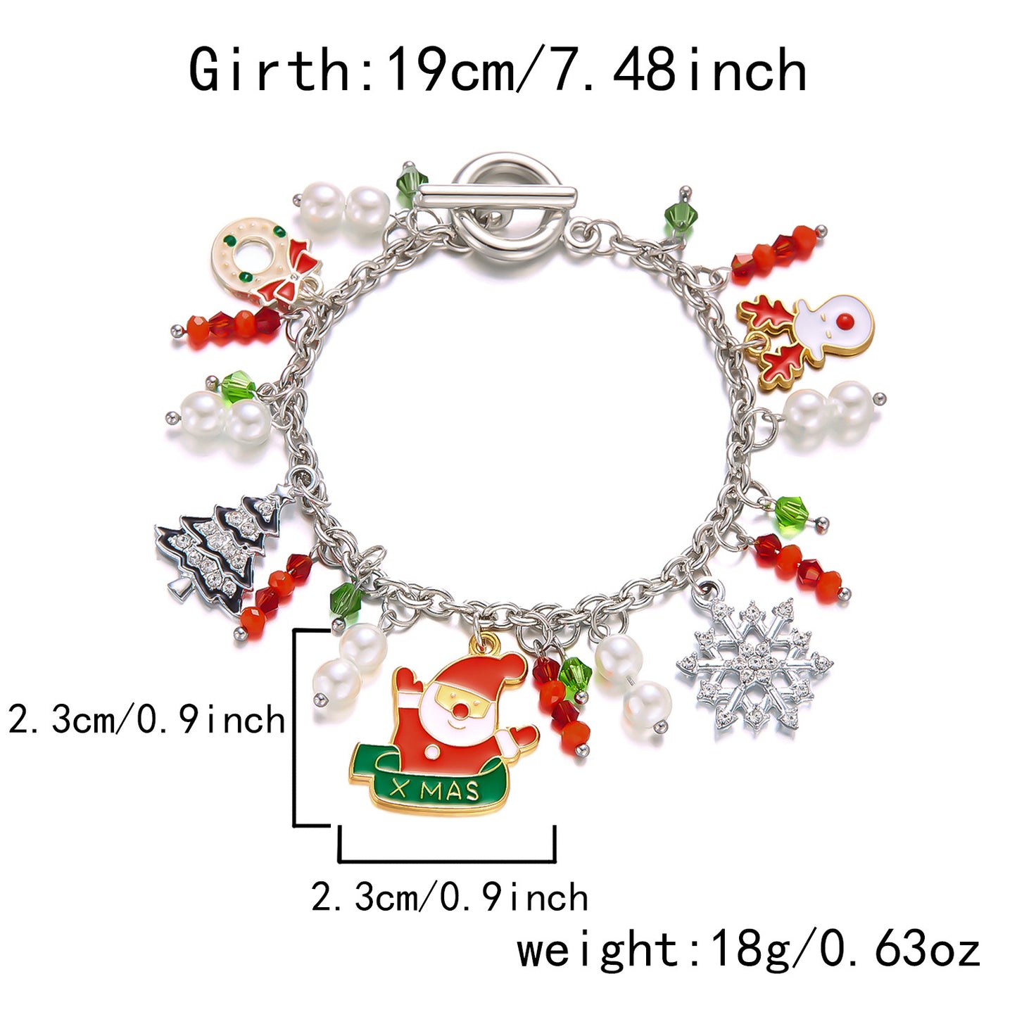 Pulsera navideña de moda para mujer con motivos de Papá Noel y copos de nieve, construcción de aleación, acabado esmaltado, cierre de broche de palanca