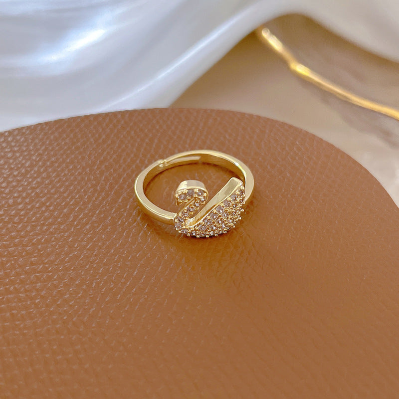 Adjustable Swan Wedding Ring for Women with Full Rhinestone Inlay, Minimalist Japanese Style Band Ring