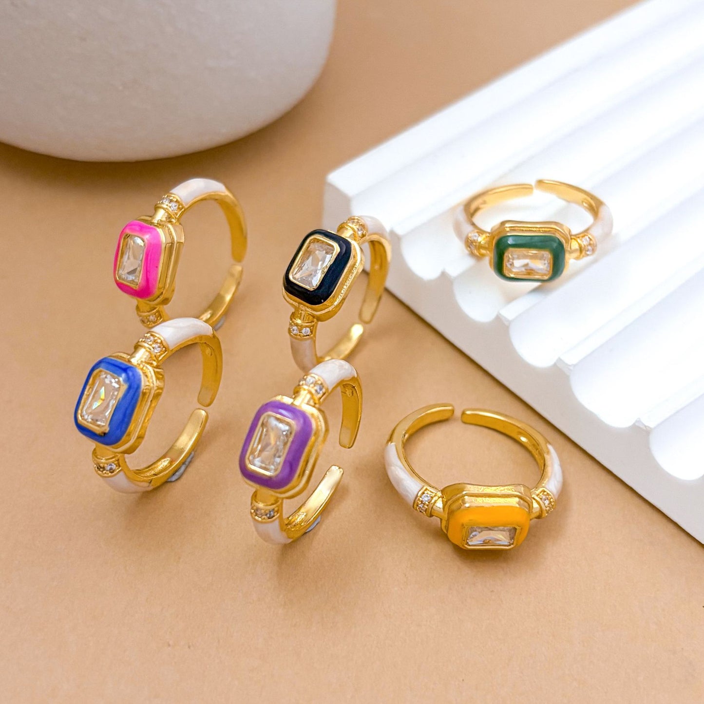Sweet Geometric Square Gold Plated Brass Ring with Cubic Zirconia and Enamel Drip Oil Design for Women