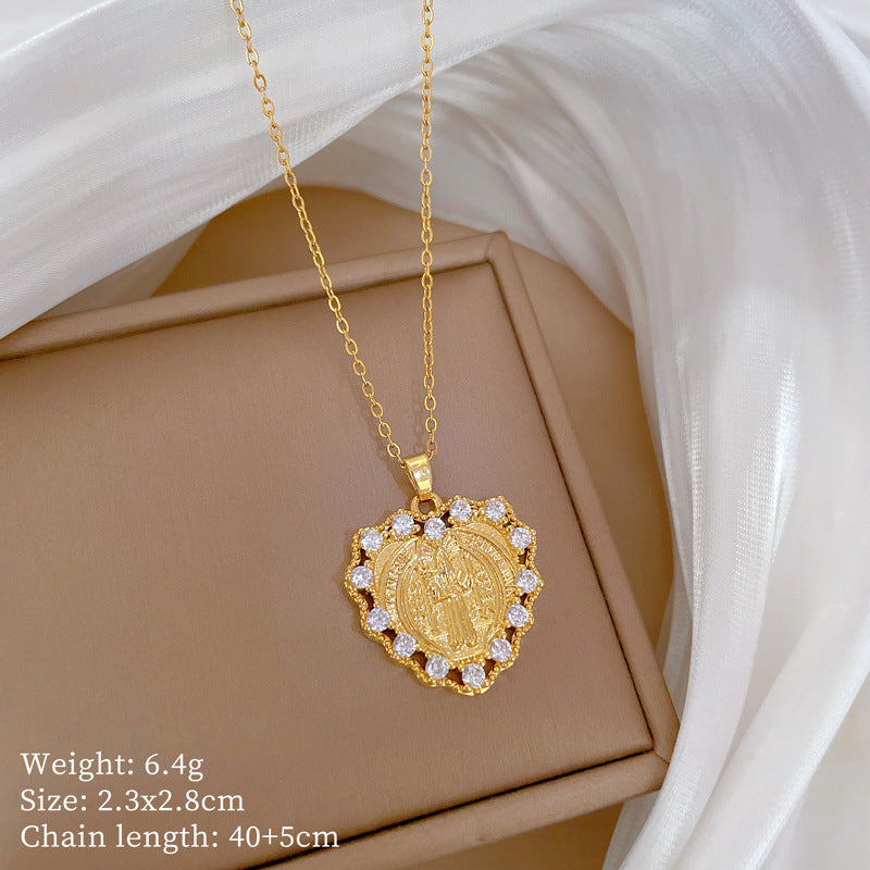 Collana Minimalista a Cuore in Acciaio al Titanio con Intarsio Completo di Strass per Donna, Delicata Catena alla Clavicola