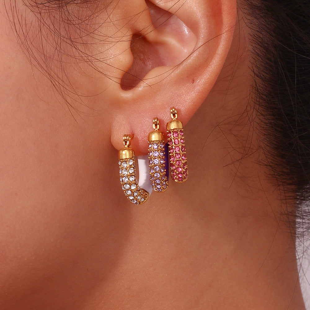 Fashionable Minimalist U-Shaped Stainless Steel Gold-Plated Ear Rings with Micro-Pave Zirconia and Enamel Finish for Women