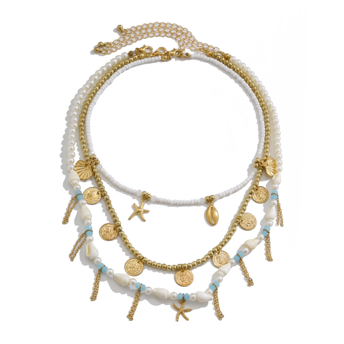 Unique Irregular Multi-Layer Geometric Starfish Alloy Necklace Set with Imitation Pearl for Women