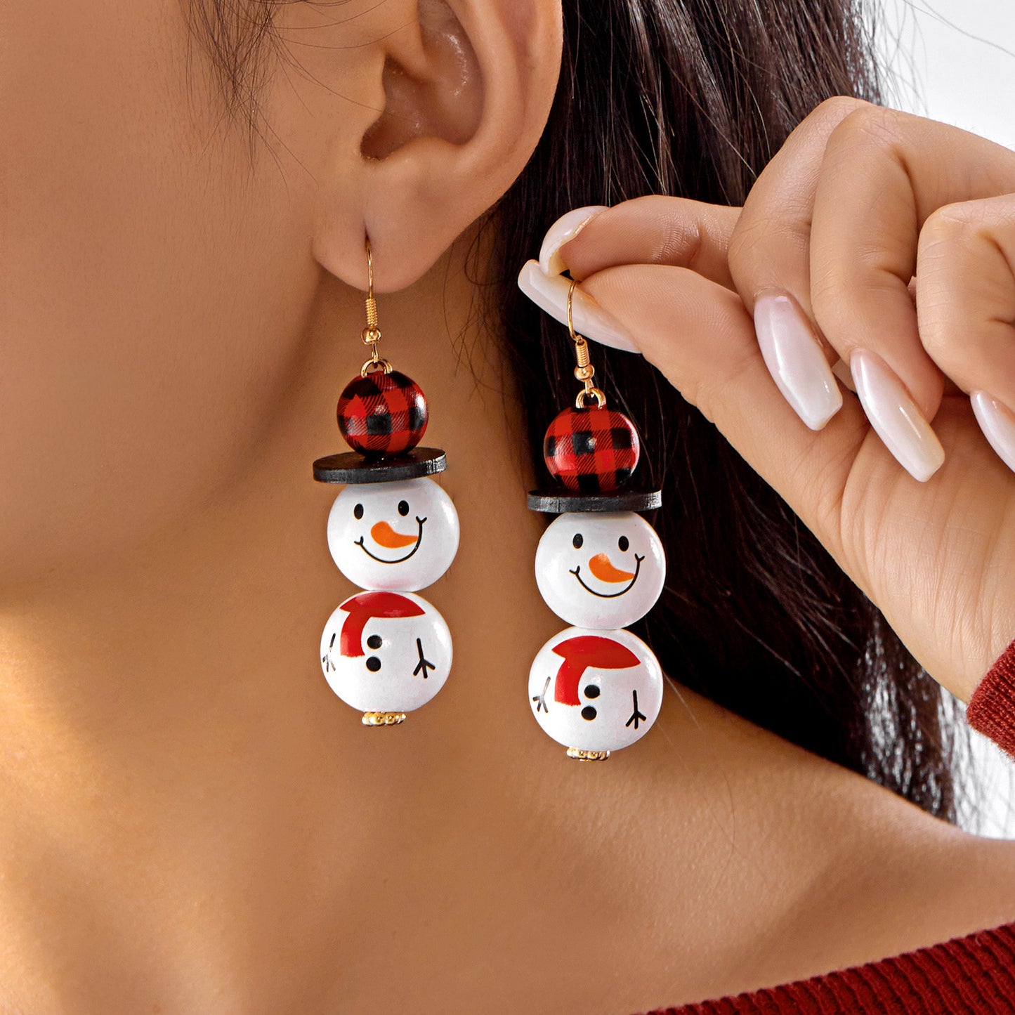 Orecchini a perno natalizi alla moda con pupazzo di neve e Babbo Natale per donna con design geometrico, base in ferro, finitura galvanica, perni in resina