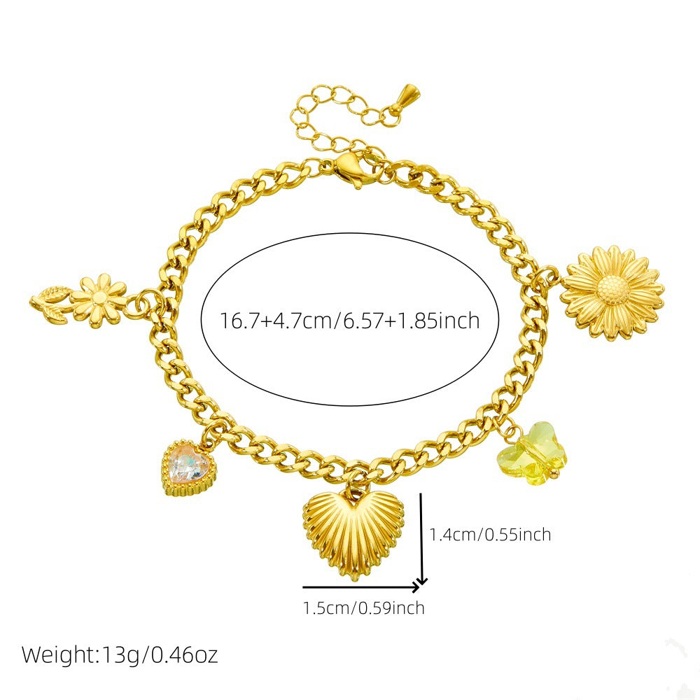 Elegant Gold Plated Stainless Steel Heart and Floral Charm Serpentine Chain Bracelet for Women