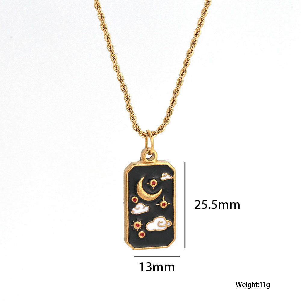 Elegante collar vintage de acero inoxidable con colgante cuadrado de esmalte de tarot con motivos de estrella y sol en cadena trenzada para mujer