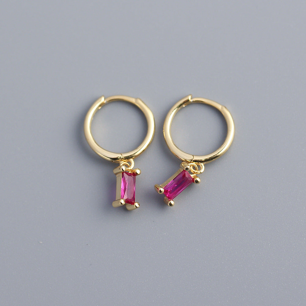 Minimalist 925 Sterling Silver Rectangle Geometric Inlaid Cubic Zirconia Hoop Earrings