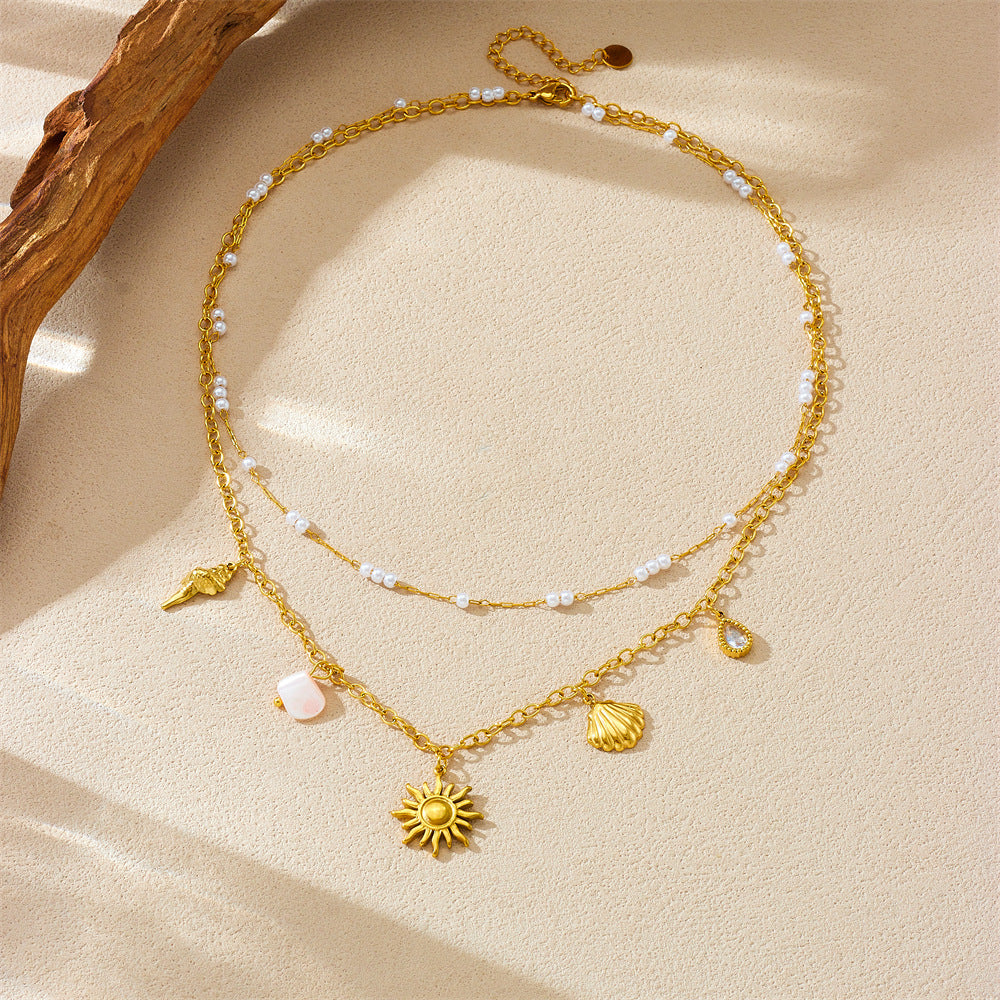 Sweet Ocean-Inspired Stainless Steel Double Layer Necklace with Seashell and Star Pendant for Women