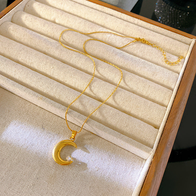 Sweet Minimalist Gold Plated Moon Cubic Zirconia Necklace Titanium Steel