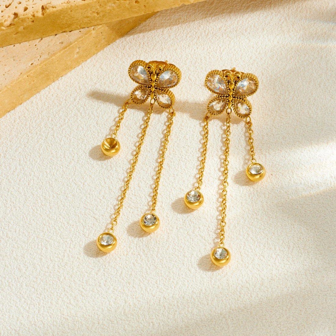 Vintage Minimalist Gold Plated Stainless Steel Butterfly Round Rhinestone Tassel Drop Earrings