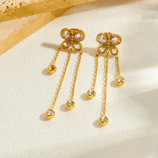 Vintage Minimalist Gold Plated Stainless Steel Butterfly Round Rhinestone Tassel Drop Earrings