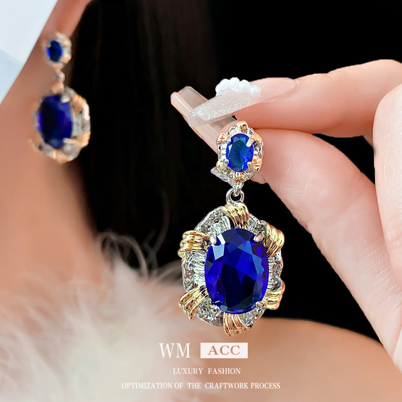 Orecchini a perno ovali da donna in zircone blu geometrico stile vintage con metallo placcato argento e perni in acciaio