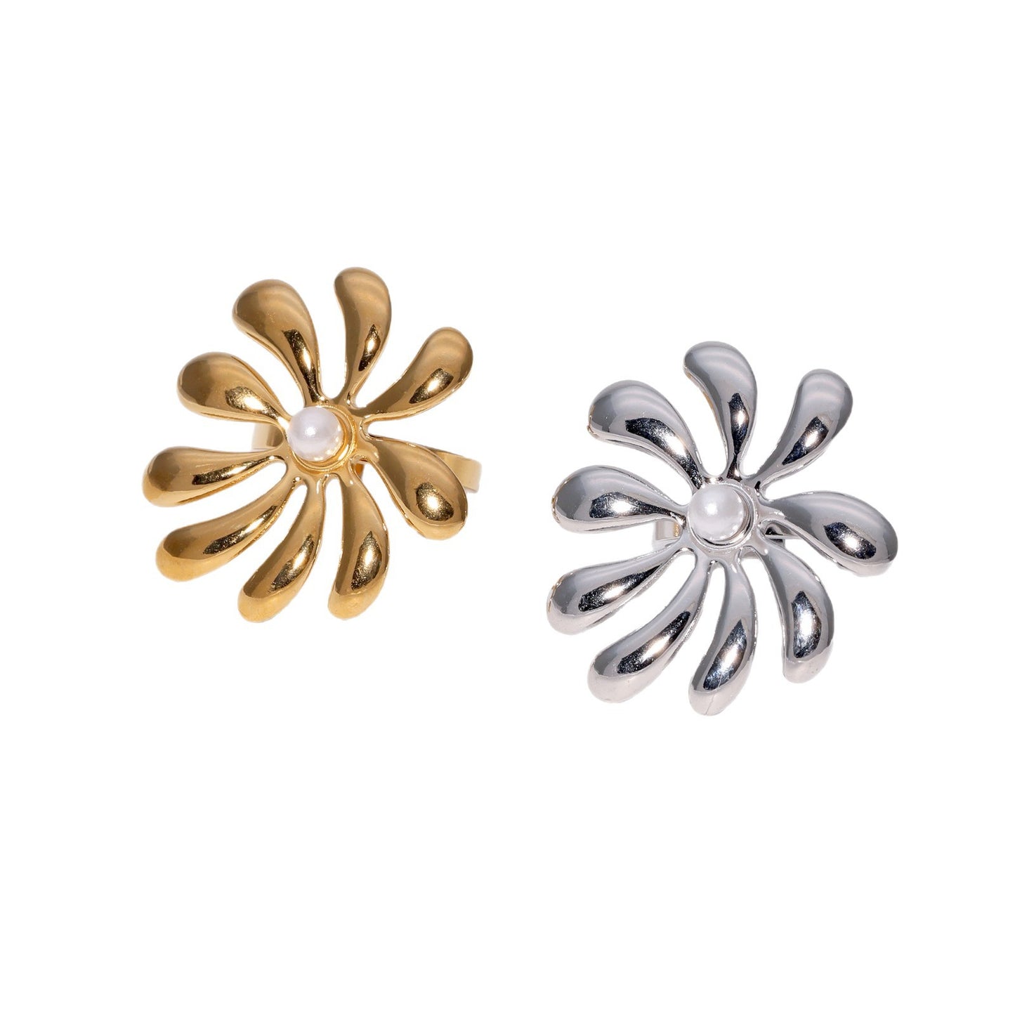 Minimalist Floral Open-End Adjustable Ring for Women Made of Stainless Steel with 18K Gold Plating