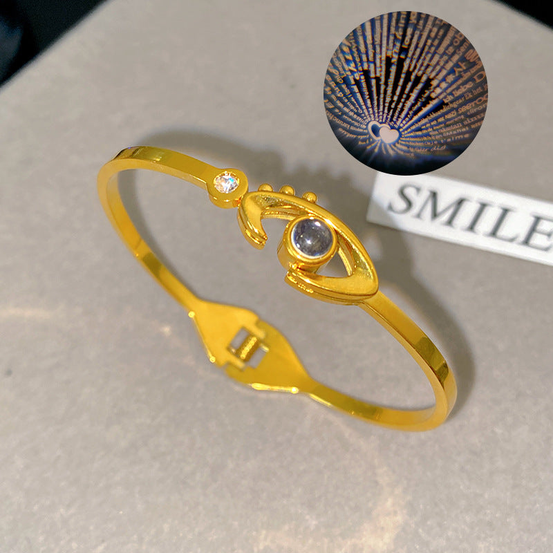 Rose Gold Plated Titanium Steel Evil Eye Projection Bracelet with 100 Languages I Love You Message Open Cuff
