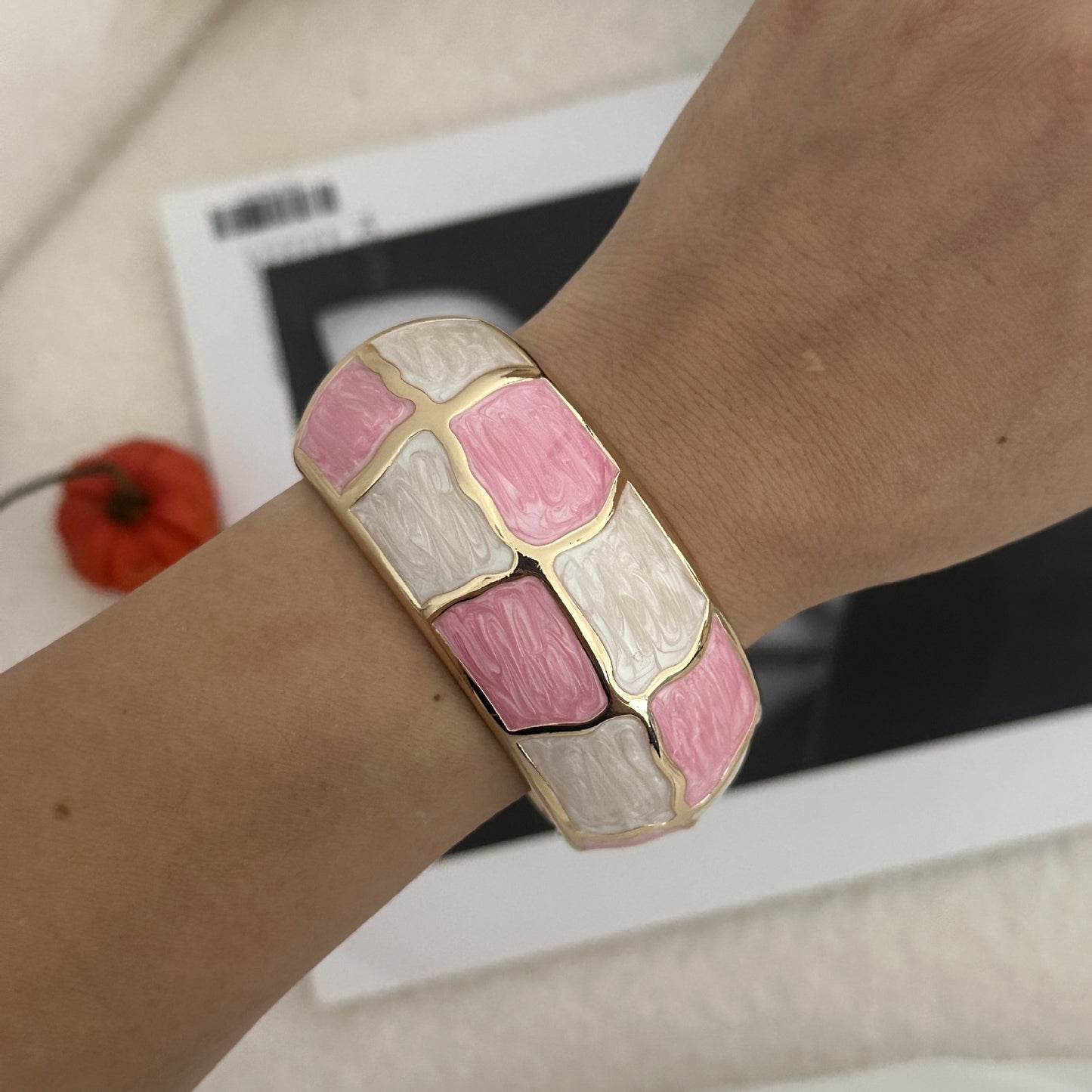 Rose Red Gradient Checkered Geometric Drip Oil Plated Alloy Open Cuff Bracelet