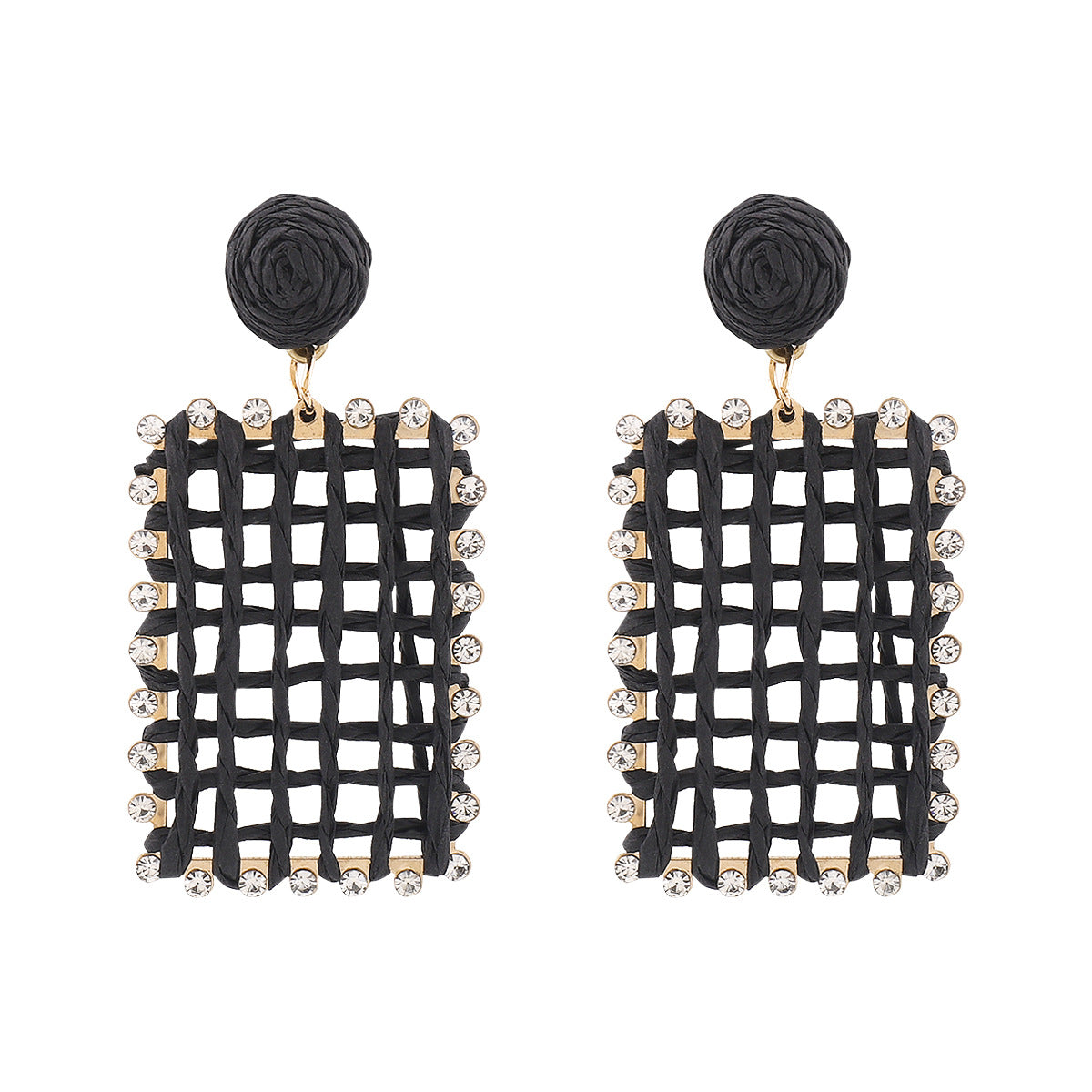 Orecchini in rafia intrecciata con ritagli geometrici da donna con dettagli in strass, stile fresco e minimalista per le vacanze