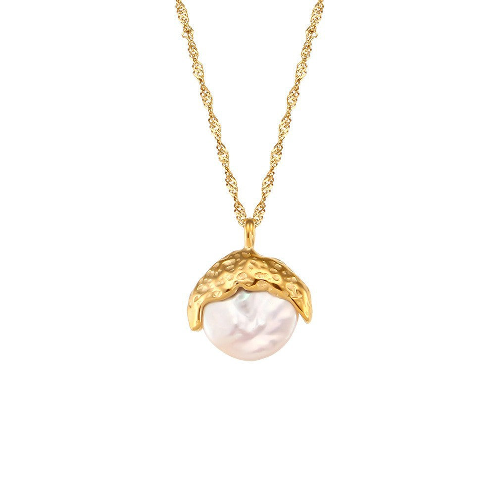 Minimalist Geometric Pearl Pendant Necklace and Bracelet Set in Titanium Steel with Plated Finish for Women
