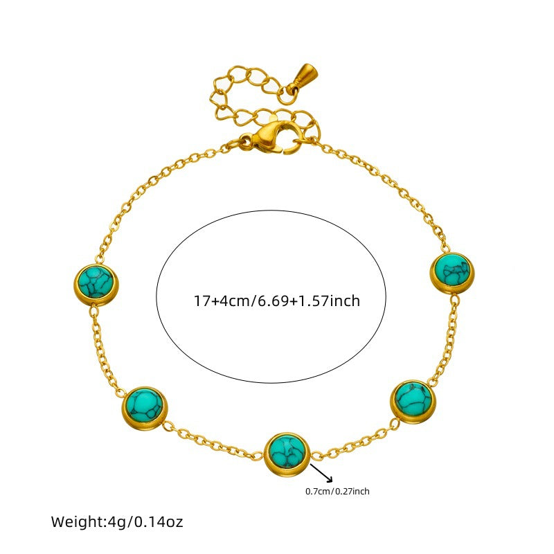 Vintage Blue Turquoise Pendant Necklace Set with Round Earrings and Bracelet Stainless Steel Plated Jewelry for Women