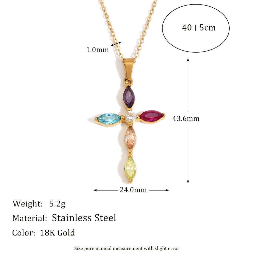 Elegant Business 18K Gold Plated Cross Cubic Zirconia Necklace Stainless Steel Titanium Steel Pendant Cable Chain for Women
