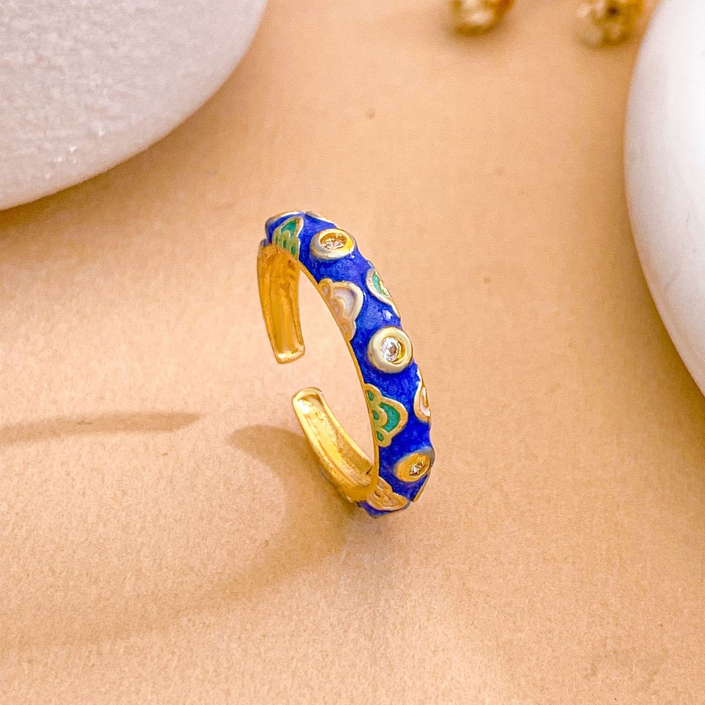 Vintage Sweet Enamel Gold Plated Brass Heart Open Ring for Women