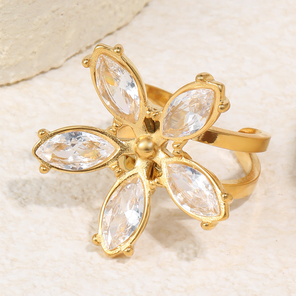 Minimalist Elegant 18K Gold Plated Stainless Steel Floral Cubic Zirconia Open Ring for Women