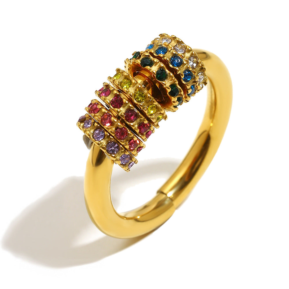 Minimalist Geometric Stainless Steel Ring with 18K Gold Plating and Colored Zirconia for Women