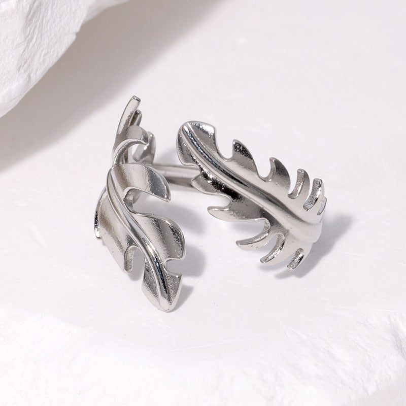 Minimalist Leaf-Shaped Stainless Steel Open Ring for Women with Plated Finish