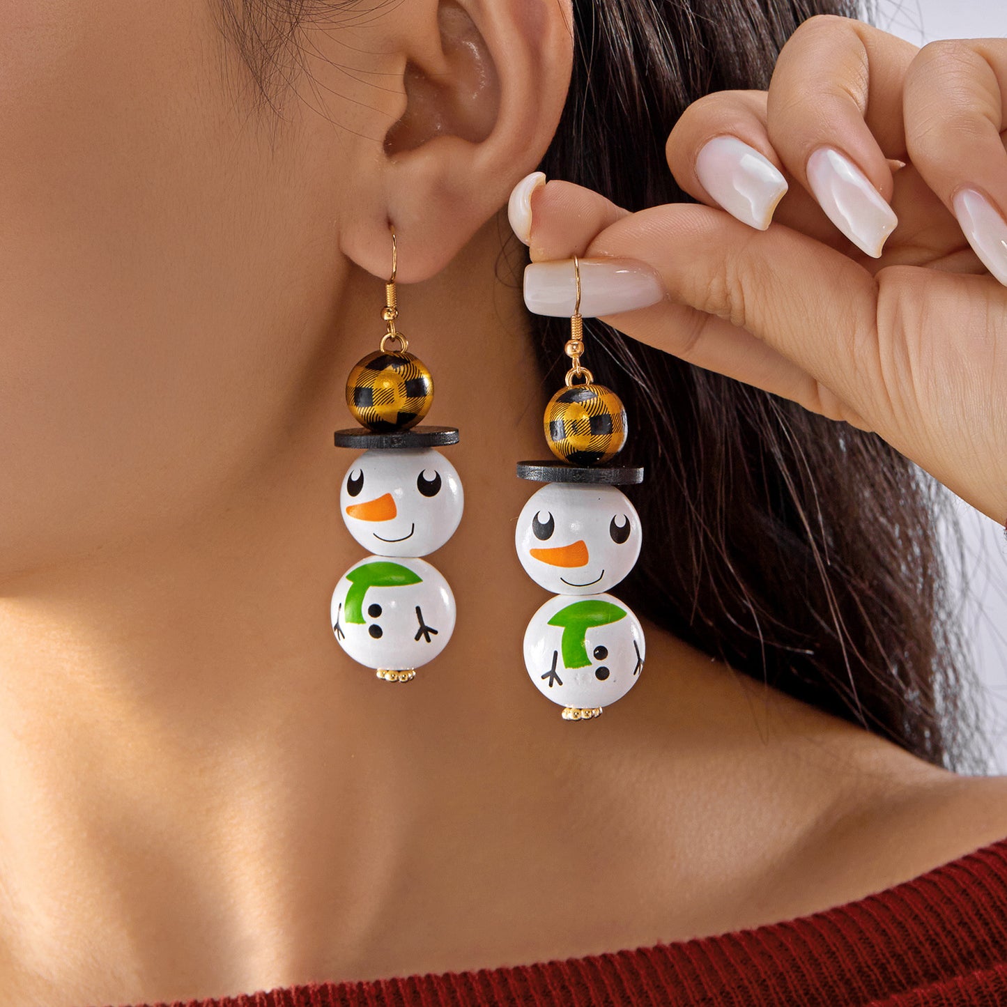 Orecchini a perno natalizi alla moda con pupazzo di neve e Babbo Natale per donna con design geometrico, base in ferro, finitura galvanica, perni in resina