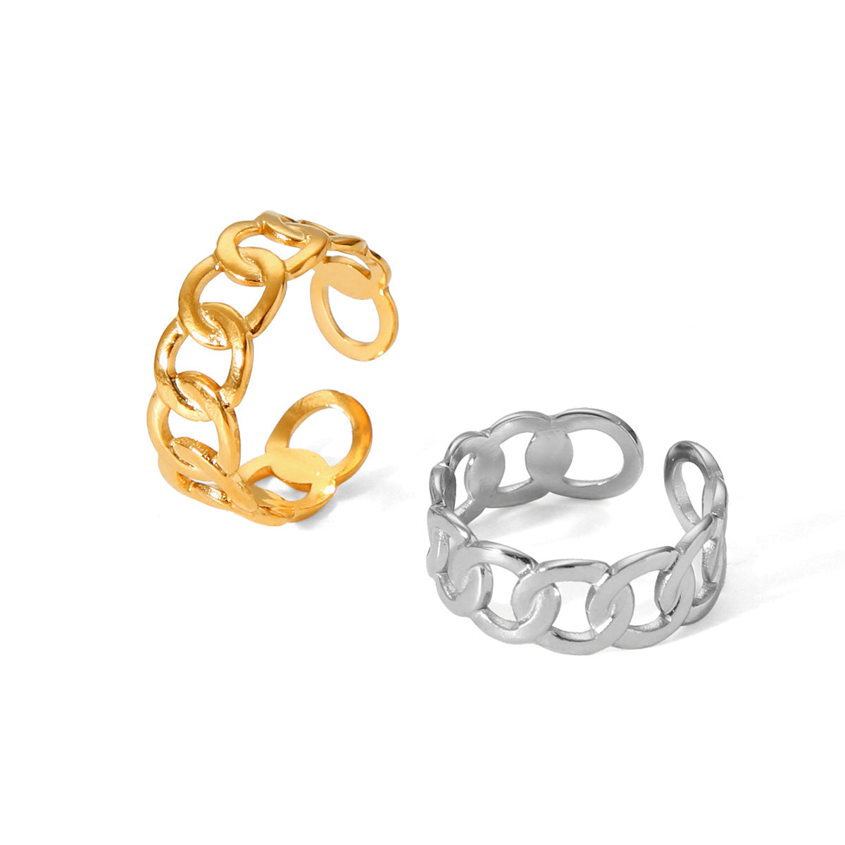 Anello aperto geometrico d'ispirazione per donna in acciaio inossidabile con finitura placcata e dettaglio a catena