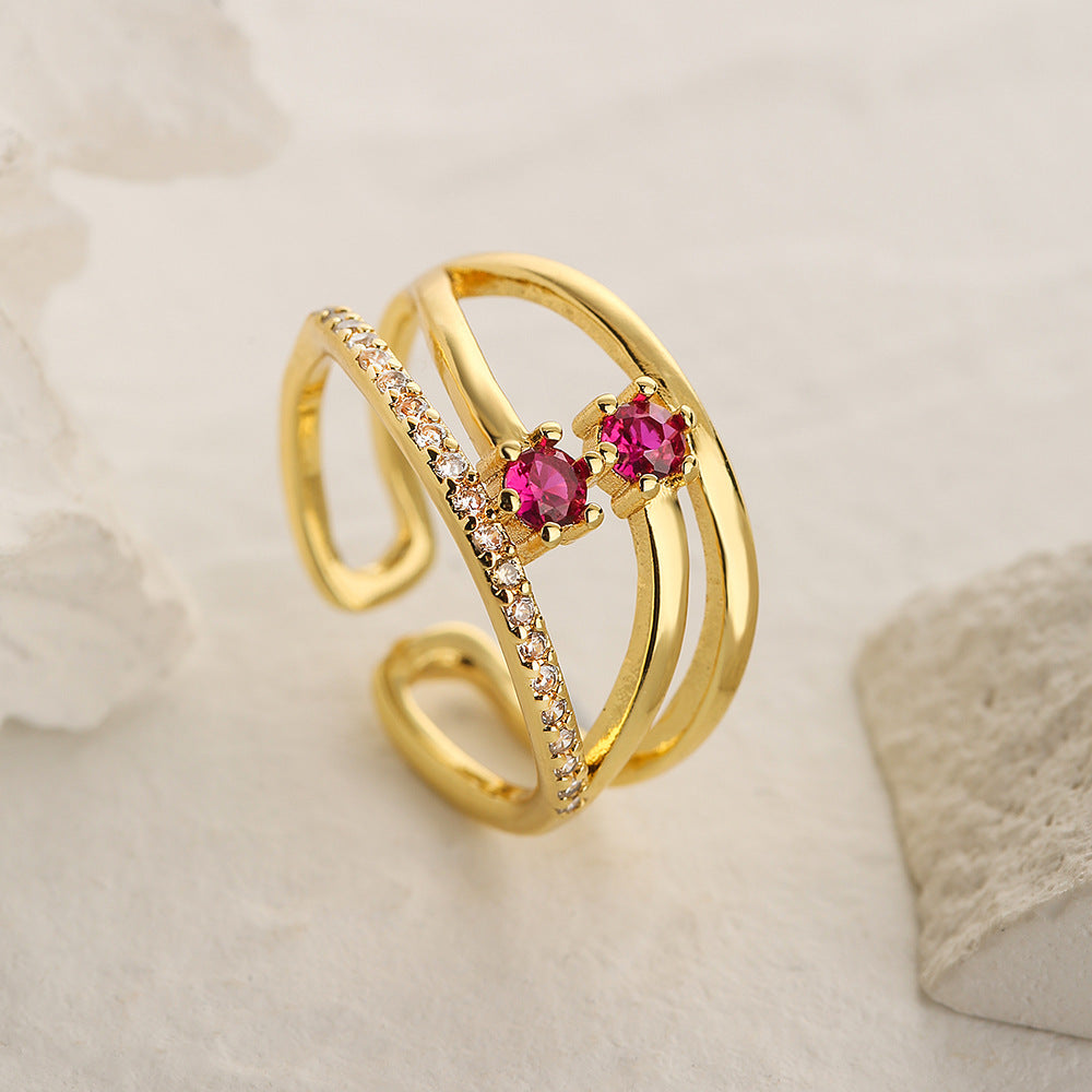Minimalist Geometric Hollow-Out Zirconia-Set Copper Ring for Women with Irregular Design and Premium Finish