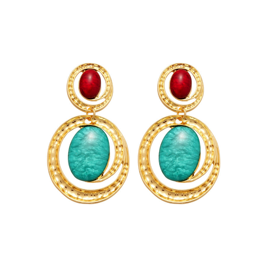 Pendientes de botón ovalados de resina, estilo étnico vintage, con diseño geométrico y postes de acero chapado en oro para mujer