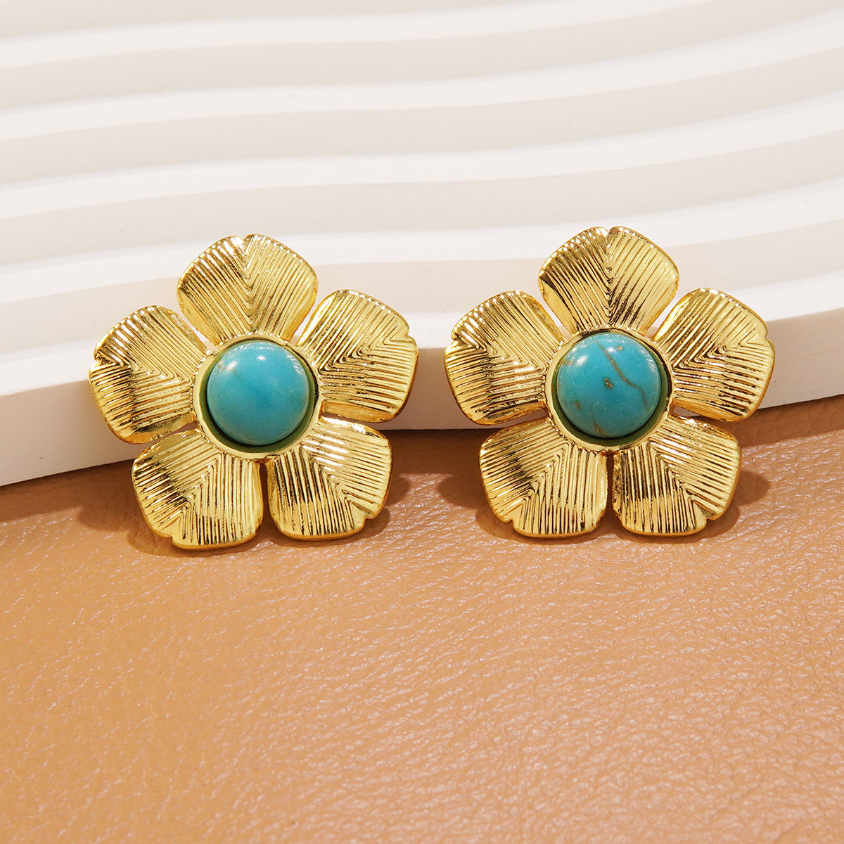 Statement Gold Plated Stainless Steel Floral Stud Earrings with Resin Turquoise Inlay
