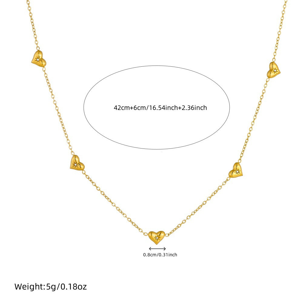Minimalist Fashionable Clavicle Necklace with Rhinestone-Inlaid Eight-Pointed Star and Heart Pendant in Stainless Steel with Plated Finish on O-Chain