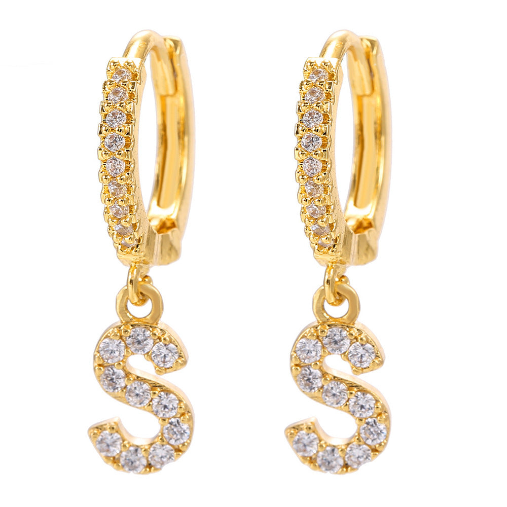 Elegant Gold Plated Letter Cubic Zirconia Inlay Brass Earrings