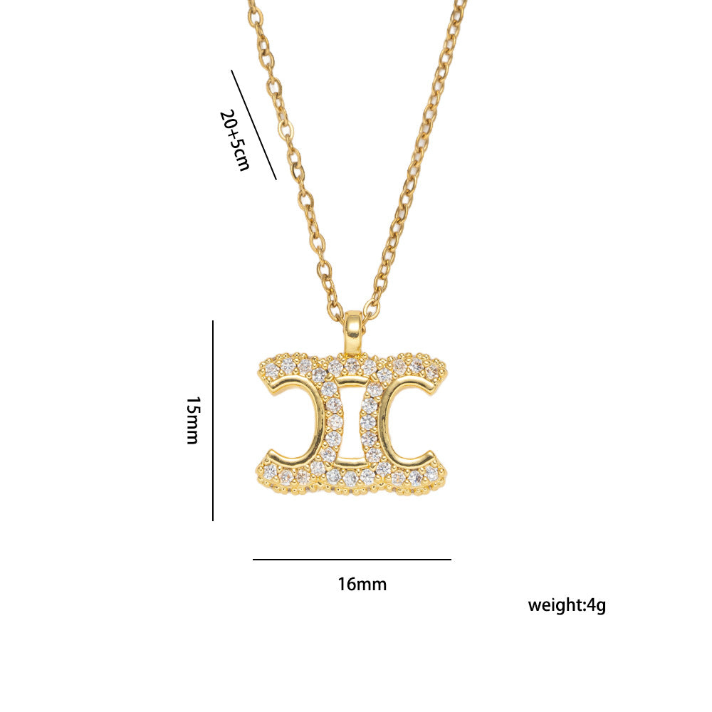 Luxury Minimalist Arc de Triomphe Pendant Necklace for Women in Titanium Steel with Gold Plating and Zircon Inlay