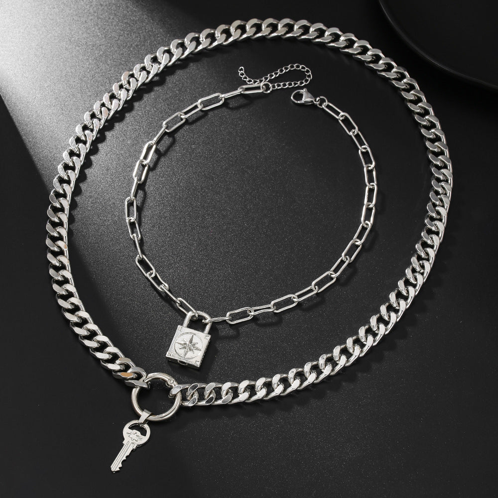 Vintage Punk Geometric Round Key Lock Pendant Handmade Iron Double Layer Cuban Link Cable Chain Necklace for Women