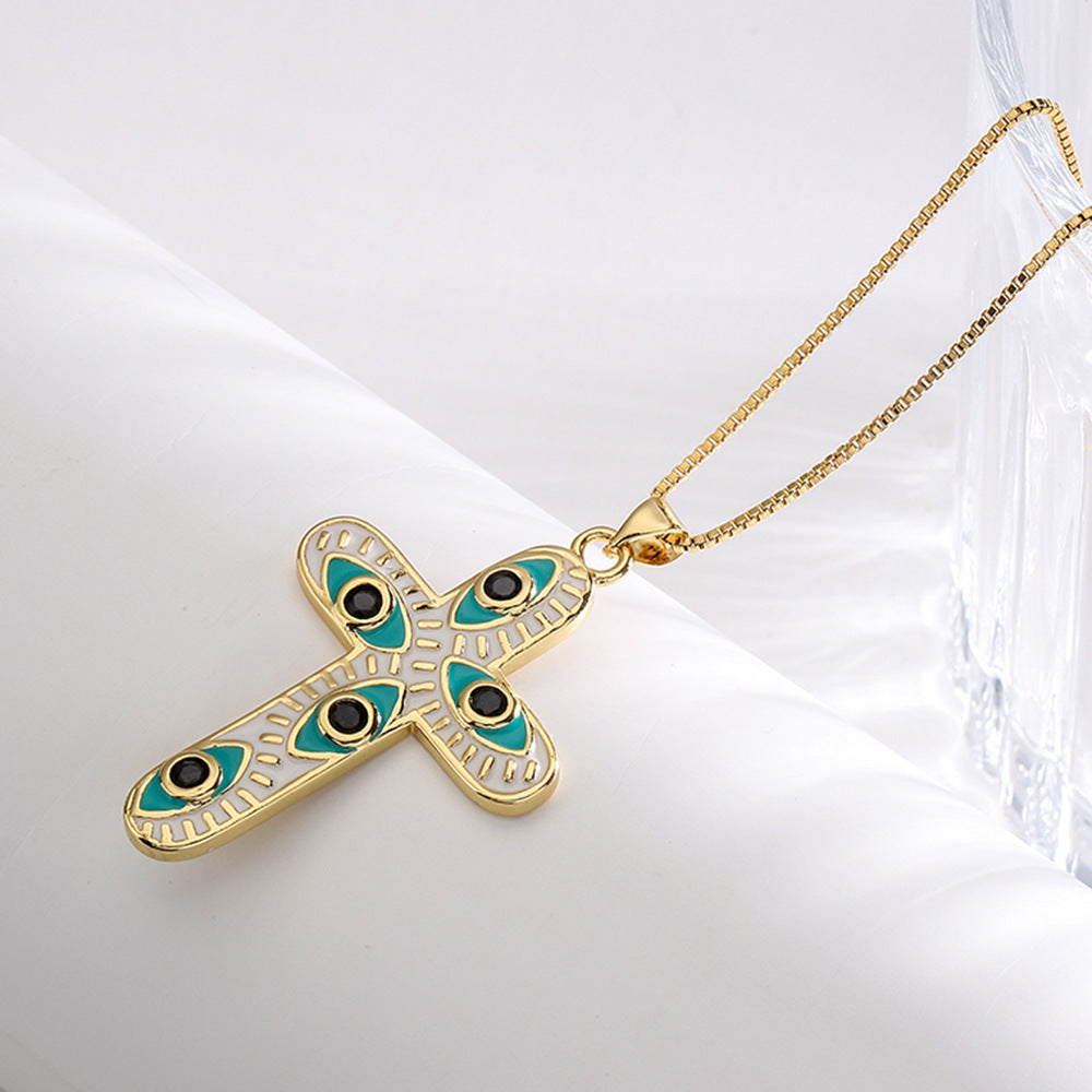 Geometric Pendant Necklace for Women with Copper Base Plated in 18K Gold and Enamel-Finished Zirconia Eye Detail