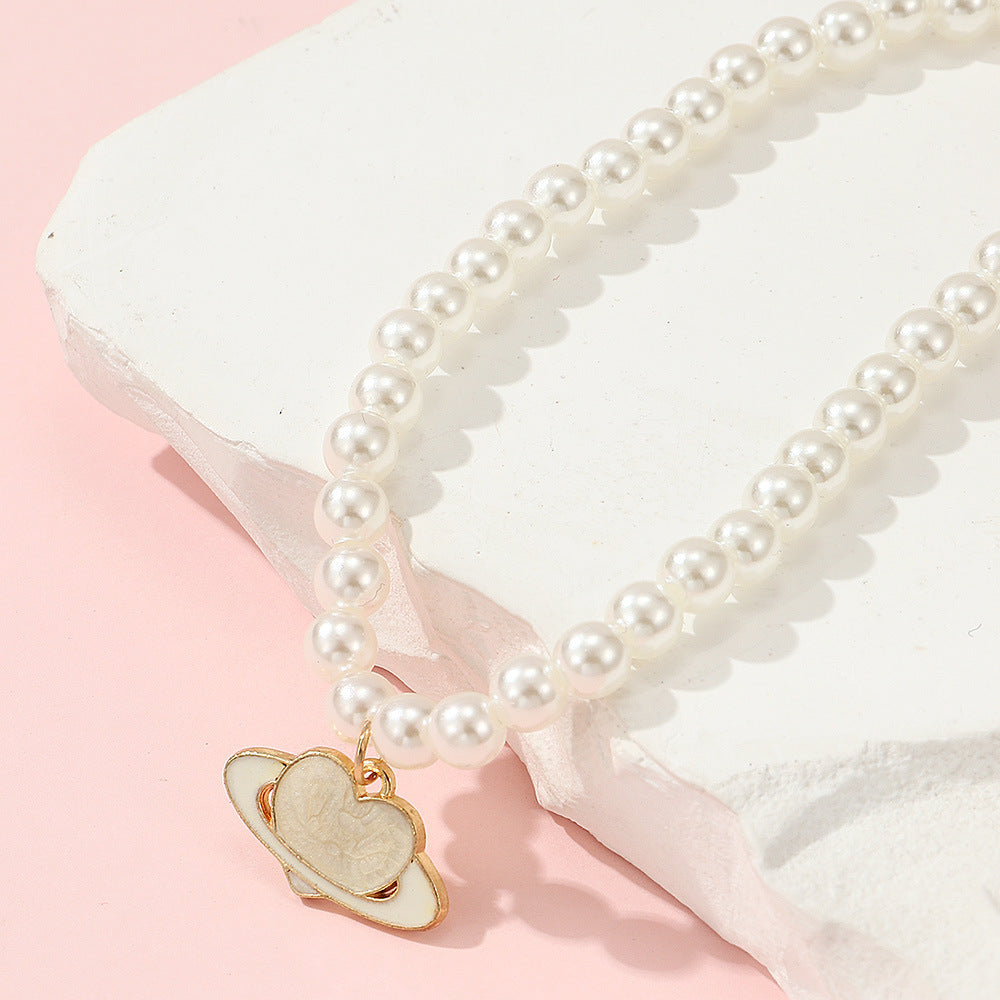 Sweet Minimalist Handmade Heart-Shaped Pearl Necklace for Children with Pearl Chain