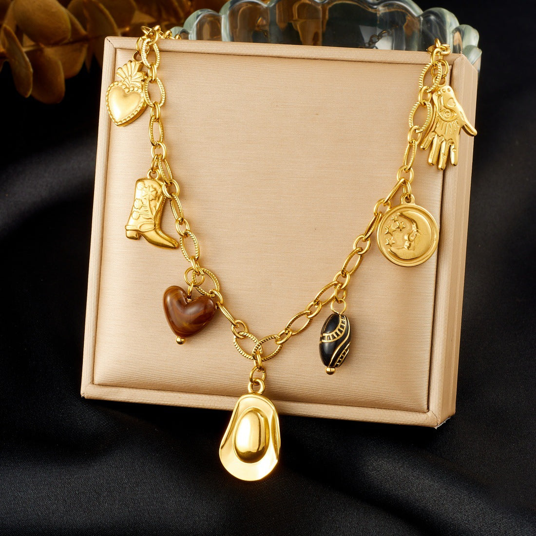Vintage Gold Plated Stainless Steel Cowboy Hat Boot Round Moon Pendant Necklace for Women