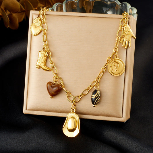 Vintage Gold Plated Stainless Steel Cowboy Hat Boot Round Moon Pendant Necklace for Women